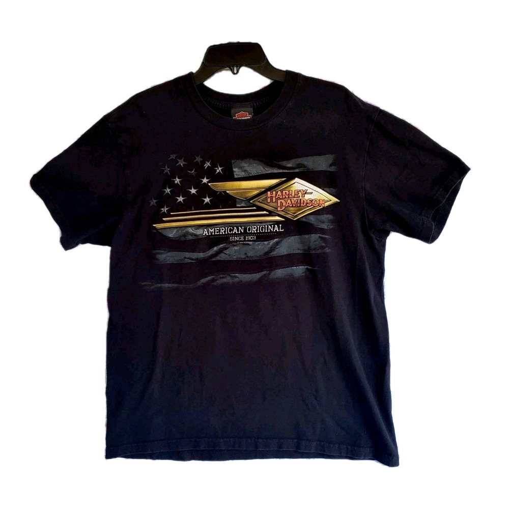 Harley-Davidson Mens Black T-Shirt American Original Flag Logo Graphic Tee L